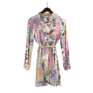 Zara Womens Medium Belted Floral Parrot Linen Dress Cottagecore Patchwork Garden